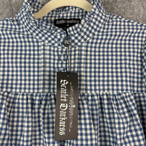 Scarlet Darkness Victorian Gingham Blouse Lantern Sleeves Blue White‎ Size M - Picture 4 of 8